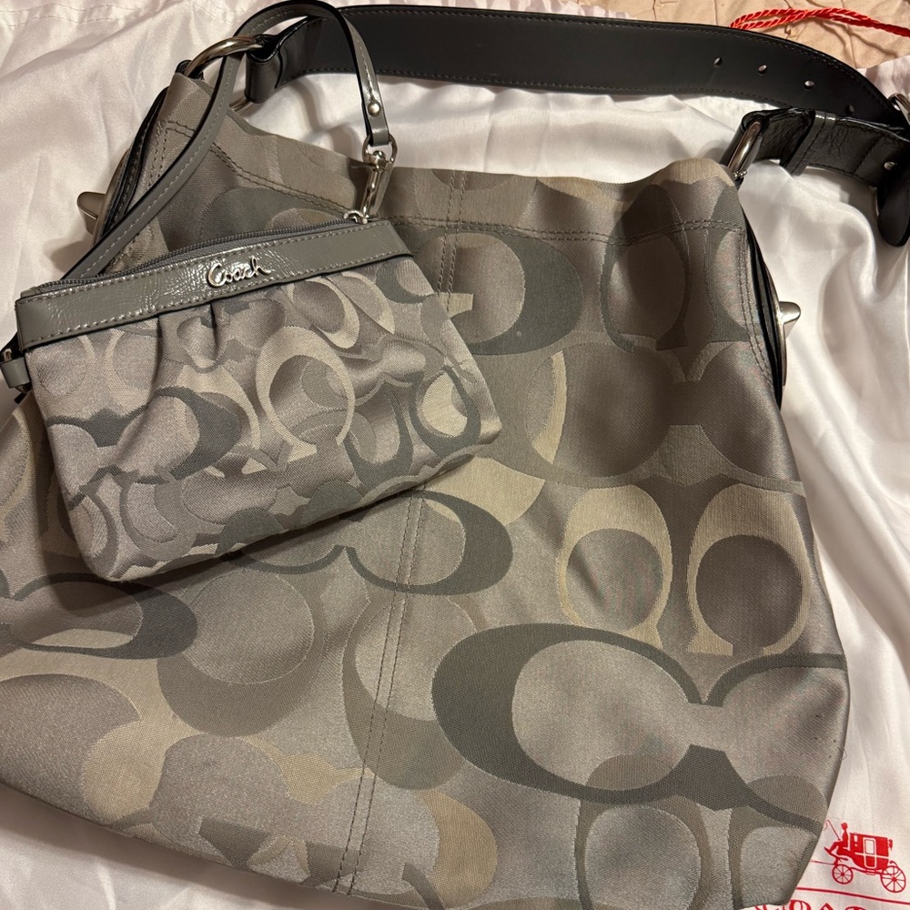 Grey Cloth Coach Logo Handbag with leather strap and matching wristlet